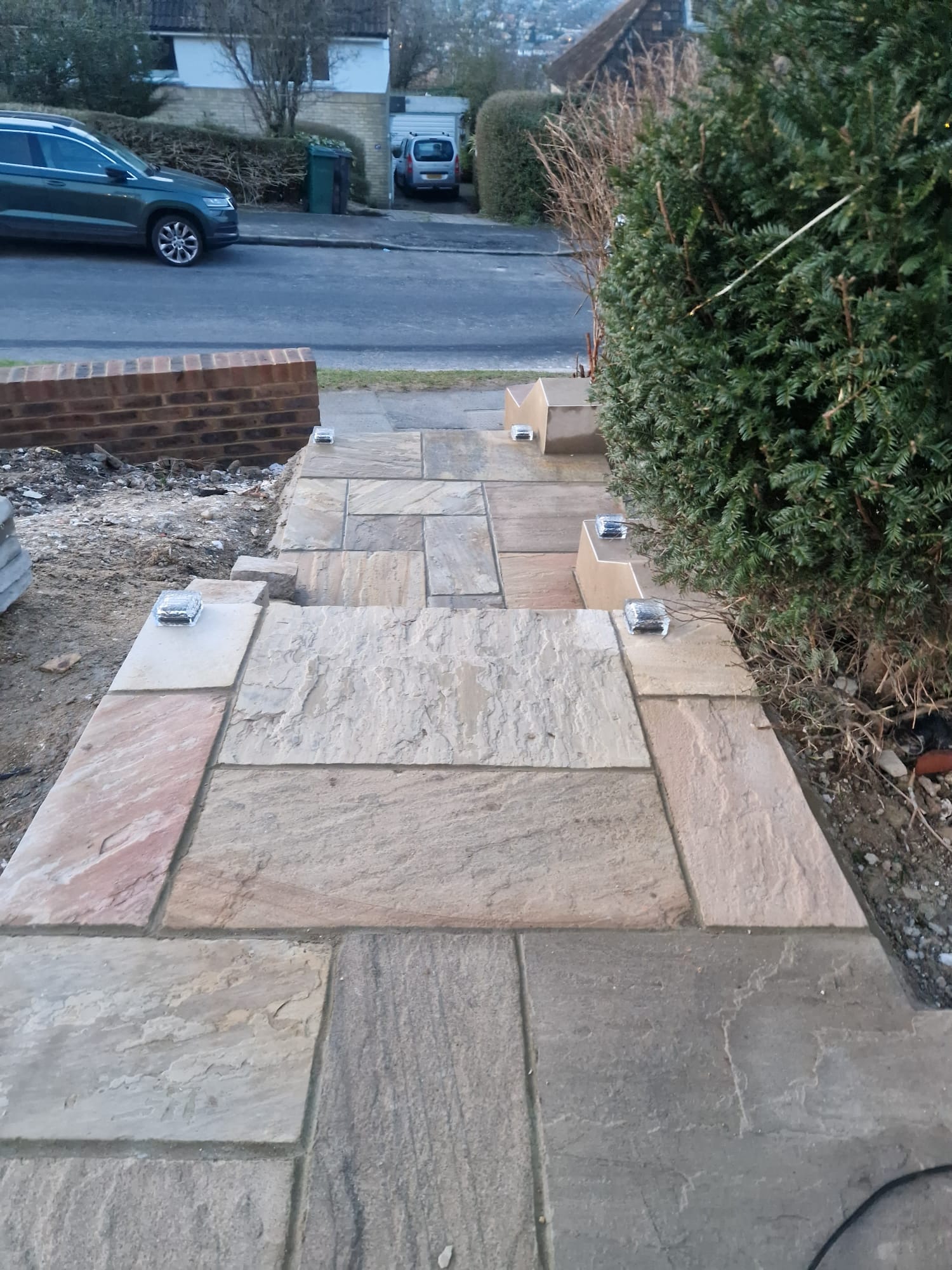 Sandstone front path with lighting